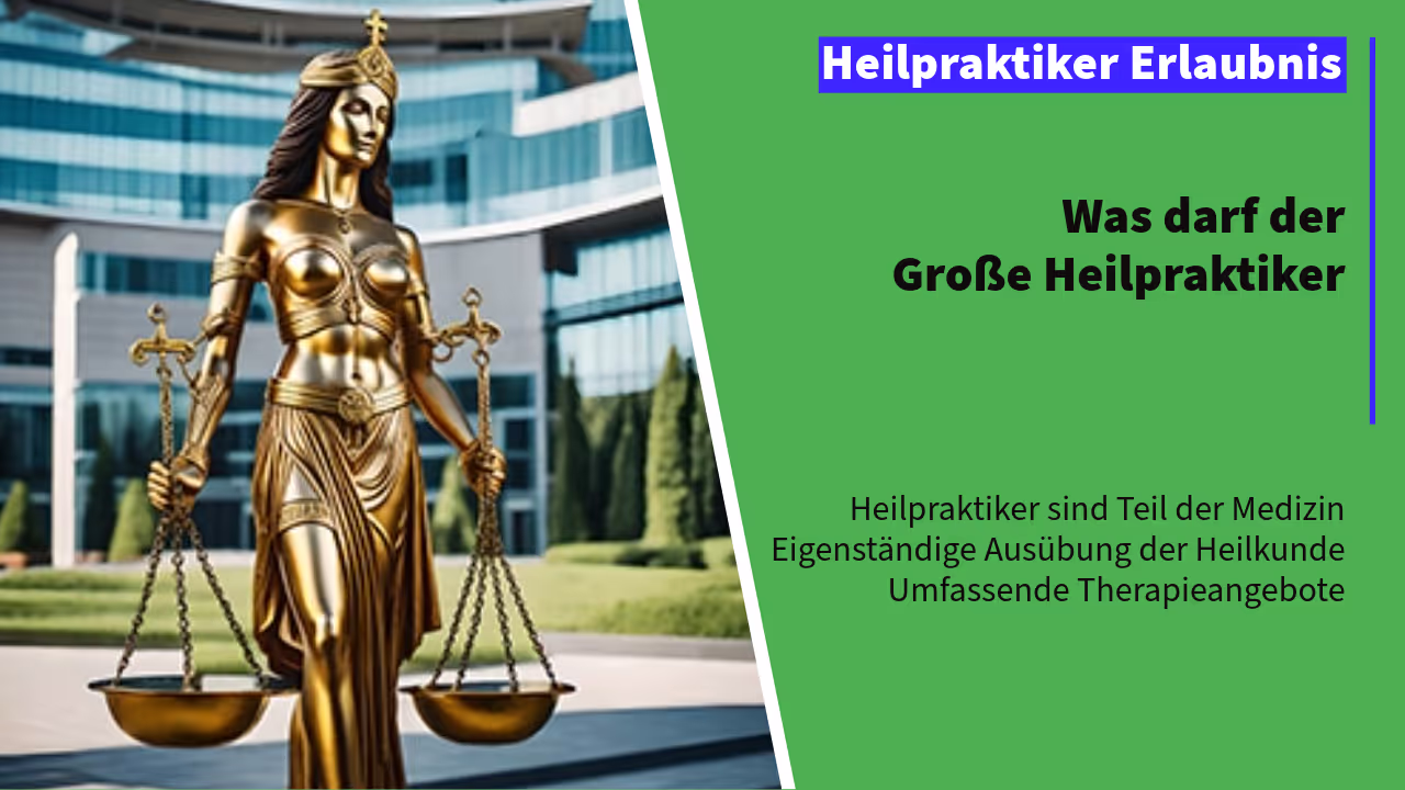 Justitia mit Waage vor Krankenhaus, symbolisiert Befugnisse und Einschränkungen des großen Heilpraktikers