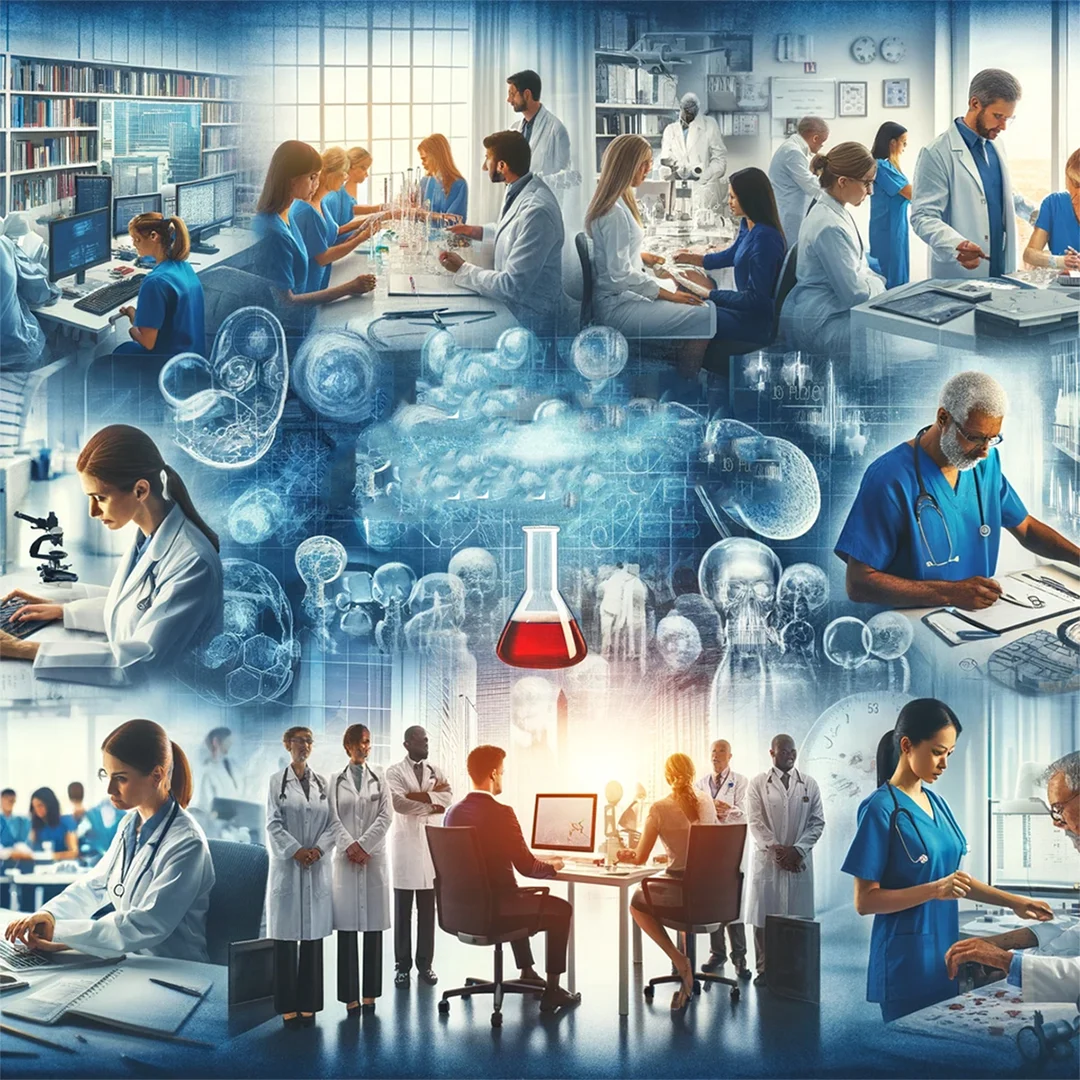 Vielfalt der Gesundheitsberufe, dargestellt durch Fachkräfte in Laboren, Klassenzimmern, Büros und Krankenhäusern
