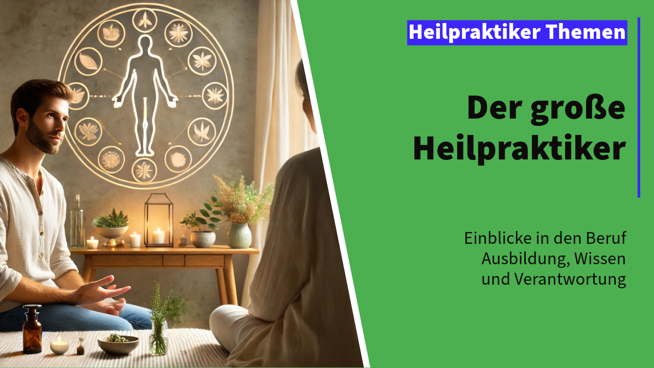 Ein harmonisches Bild eines Heilpraktikers, der in einem natürlichen Behandlungsraum einer Patientin gegenüber sitzt. Der Heilpraktiker spricht ruhig und vertrauensvoll, während die Patientin aufmerksam zuhört. Im Hintergrund befindet sich eine symbolische Darstellung von Heilpflanzen und ein menschliches Schema, das die Verbindung zur Naturheilkunde betont. Sanfte Beleuchtung und natürliche Dekorationen schaffen eine beruhigende und ganzheitliche Atmosphäre.