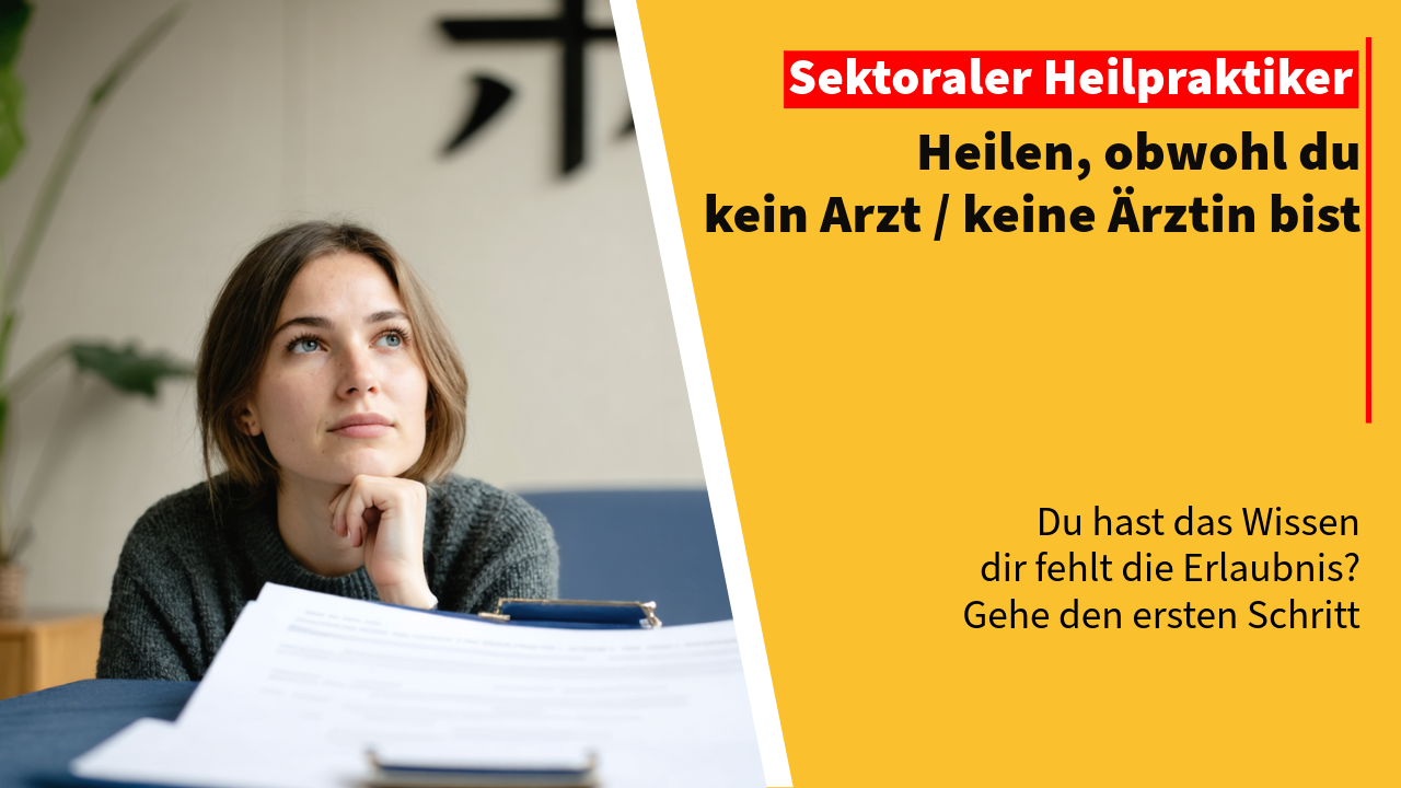Nachdenkliche Therapeutin mit Unterlagen, daneben der Text „Heilen, obwohl du kein Arzt / keine Ärztin bist“