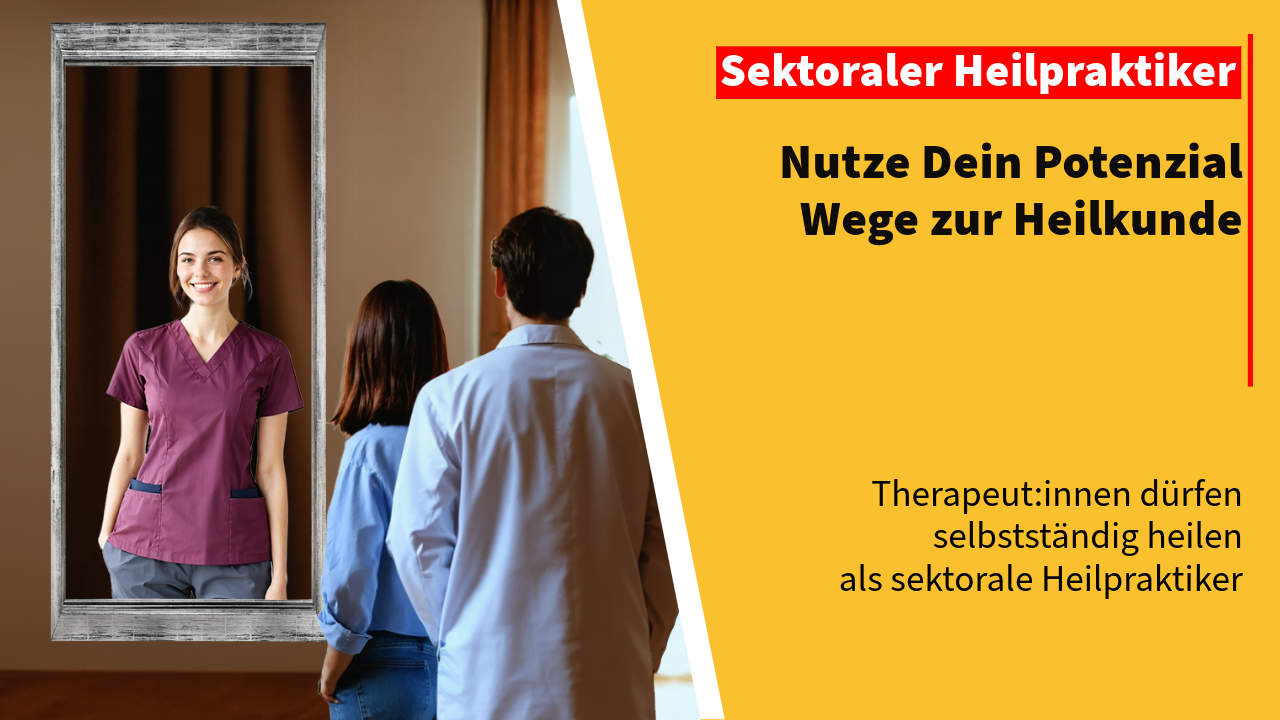Eine junge Therapeutin steht mit dem Rücken zum Betrachter vor einem Spiegel. Hinter ihr ein männlicher Arzt im weißen Kittel. Im Spiegelbild sieht man nur sie – selbstbewusst, in moderner Praxiskleidung, mit ruhigem Lächeln. Symbolbild für die Selbstständigkeit durch die sektorale Heilpraktikererlaubnis.